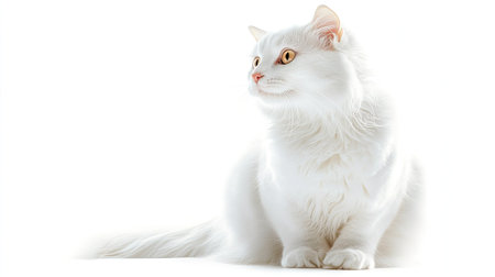 A serene white cat with curled ears sits gracefully against a white background, showcasing its fluffy fur and expressive gaze. Perfect for cat lovers.の素材