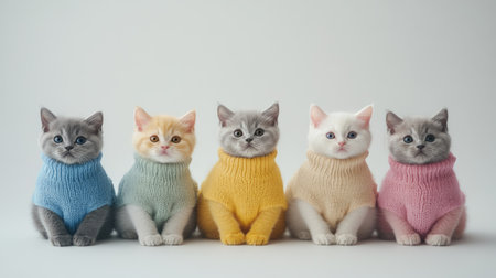 Five adorable British Shorthair kittens dressed in colorful sweaters look playfully at the camera, showcasing their charm and fluffy fur. Perfect for cat lovers!の素材