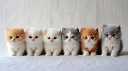 A delightful lineup of six adorable British Shorthair kittens features a variety of soft fur colors, showcasing their sweet faces and playful nature in a charming arrangement.の素材