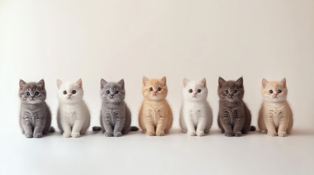 This charming image features a lineup of adorable British Shorthair kittens, showcasing diverse colors and playful expressions against a soft background.の素材