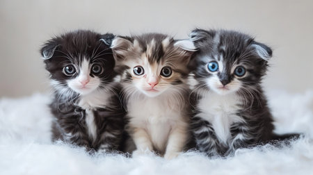 Three adorable kittens sit together on soft white fur, showcasing their playful personalities and striking blue and green eyes. Perfect for animal lovers!の素材