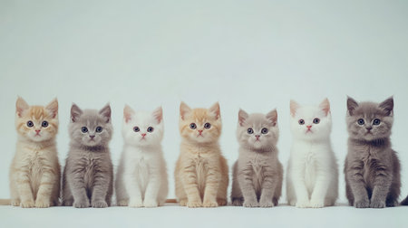Seven adorable kittens lined up in a row, showcasing their delightful personalities. These playful balls of fur are perfect companions for any family.の素材