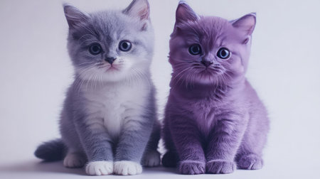 Two charming British Shorthair kittens sit side by side, one blue and one a soft grey. Their large, expressive eyes and fluffy fur make them utterly adorable. Perfect for animal lovers!の素材