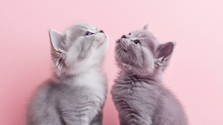 Two charming British Shorthair kittens gaze upward against a soft pink background. Their delightful expressions capture the essence of playful innocence and companionship.の素材