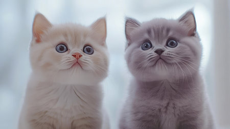 Two adorable British Shorthair kittens with soft fur and charming expressions, perfect for any animal lover's collection. Their innocent gaze captures heartwarming moments.の素材