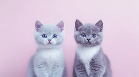Two adorable British Shorthair kittens sit together against a soft pink background, showcasing their charming features and playful expressions. Perfect for cat lovers!の素材