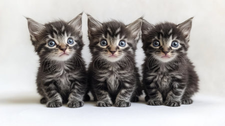 A charming trio of adorable kittens with expressive faces and vibrant blue eyes, capturing the essence of youth and playfulness in a delightful pet setting.の素材