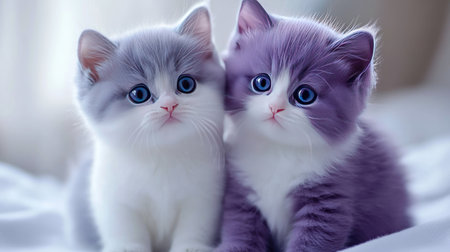 Two adorable British Shorthair kittens with striking blue eyes sit closely together, showcasing their fluffy fur and playful personalities in a soft, light-filled environment.の素材