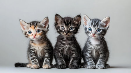 Three adorable kittens sitting together in a playful pose, showcasing their unique coats and captivating eyes. Perfect for animal lovers.の素材