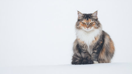 A young female Siberian forest cat sits elegantly in a snowy landscape, showcasing its fluffy fur and striking colors against a serene white background.の素材