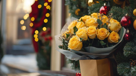 A beautifully packaged bouquet of yellow roses arriving at a doorstep, surrounded by festive decorationsの素材