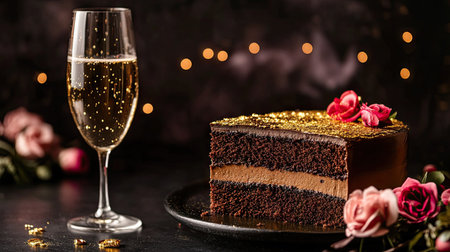 A beautifully arranged Valentine chocolate cake with a rich chocolate ganache covering, adorned with gold dust, and placed next to a glass of champagneの素材