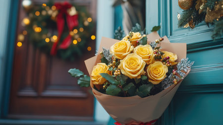 A beautifully packaged bouquet of yellow roses arriving at a doorstep, surrounded by festive decorationsの素材