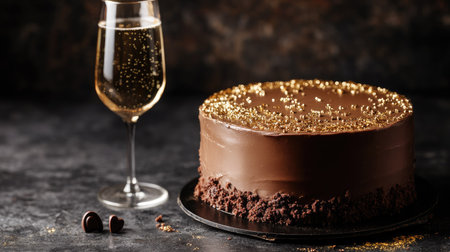 A beautifully arranged Valentine chocolate cake with a rich chocolate ganache covering, adorned with gold dust, and placed next to a glass of champagneの素材