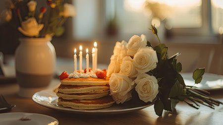 A birthday breakfast setup with a bouquet of white roses and a stack of pancakes topped with candlesの素材