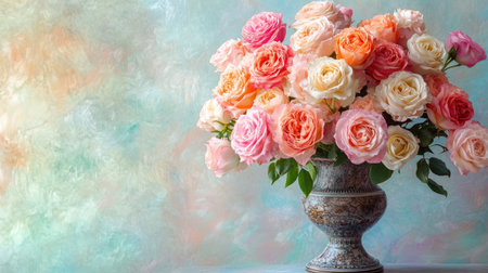 A beautiful display of a classic rose bouquet in a Victorian-style vase, set against a pastel backgroundの素材