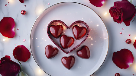 A box of heart-shaped Valentine chocolates open on a white plate, surrounded by rose petals and sparkling decorationsの素材