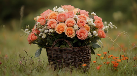 A bouquet of peach and coral roses styled in a vintage basket, surrounded by wildflowersの素材