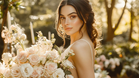 A bride holding a cascading bouquet of blush pink roses, framed by a serene outdoor garden settingの素材