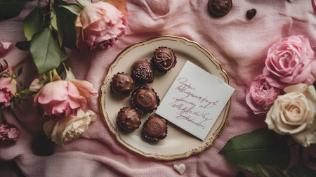 A beautiful flat lay of Valentine's chocolates, roses, and a handwritten love letter on a soft pink tableclothの素材
