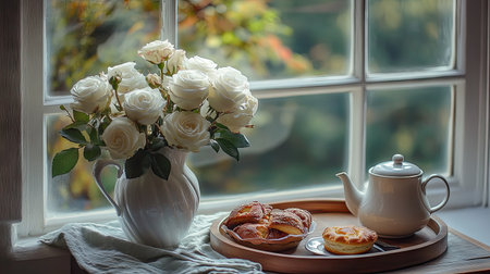 A charming breakfast setup with a vase of white roses, tea, and pastries on a tray by the windowの素材