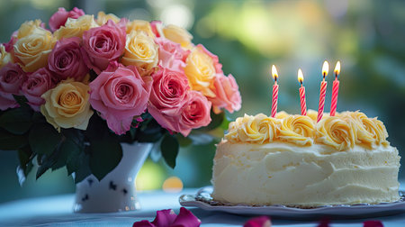 A cheerful birthday scene with a vibrant bouquet of pink and yellow roses next to a frosted cake and candlesの素材