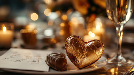 A chocolate heart with a gold foil wrapper placed on a romantic table setting, with a glass of champagne and a love letter nearbyの素材