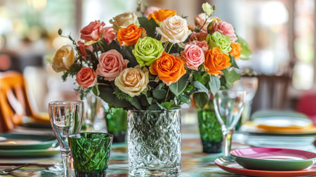 A cheerful bouquet of colorful roses in a simple glass vase, styled on a casual dining table with vibrant dinnerwareの素材