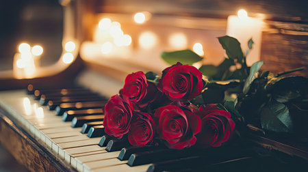 A bouquet of crimson roses placed on a vintage piano with soft candlelight in the backgroundの素材