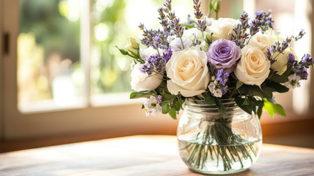 A charming rose bouquet arrangement with lavender and white roses, styled in a mason jar vase for a rustic, country-inspired lookの素材