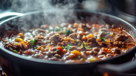 A close-up of a hot and spicy stew in a pot with steam escaping from the lid, showcasing the hearty and flavorful nature of the dish and the warmth it provides.の素材