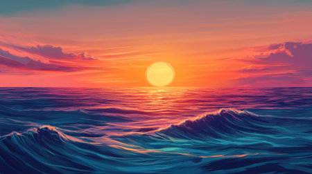 Illustration of a serene sunset or sunrise over the sea, with calm waves and a vivid warm color scheme. Perfect for depicting the tranquil and picturesque beauty of a seascape.の素材