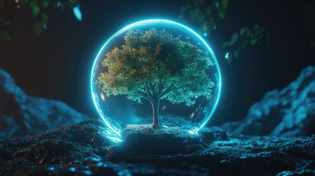 A stunning 3D visualization of a vibrant tree emerging from a glowing sphere, set against a tranquil backdrop. Captures the essence of nature and fantasy.の素材