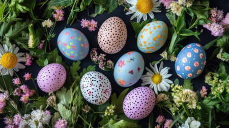 A flat lay of hand-painted Easter eggs placed on a bed of freshly picked spring flowers and greenery.の素材