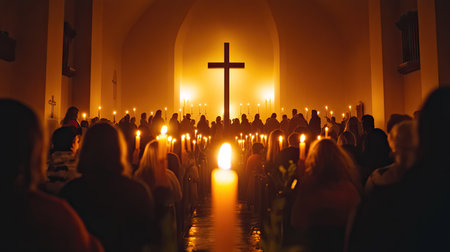 A prayerful Easter Sunday service with worshippers holding candles, a large cross in the foreground, and soft light streaming inの素材