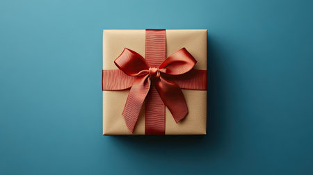 A flat lay of a gift box wrapped with a red satin ribbon bow, isolated on a blue background, perfect for sale banners or holiday greetings with copy space.の素材