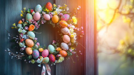 A vibrant Easter wreath being assembled with pastel-colored eggs, flowers, and ribbons, hanging from a wooden door with spring sunlight shining through.の素材