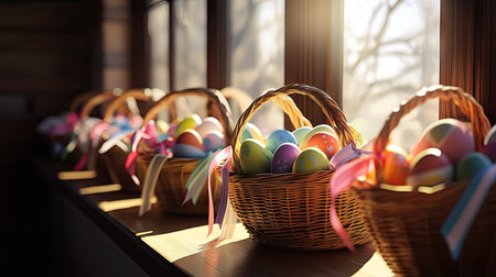 A group of Easter baskets lined up on a table, each filled with colorful eggs and ribbon, with sunlight streaming through a nearby window.の素材