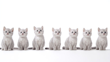 This charming image showcases seven adorable British Shorthair kittens sitting in a row. Their fluffy fur and playful expressions make them irresistibly cute and perfect for any animal lover's collection.の素材