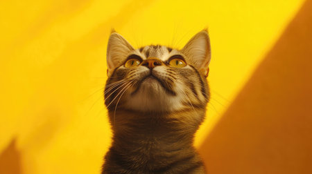 An adorable cat lifts its head to look above, showcasing its curious expression and beautiful fur against a warm background. Perfect for pet lovers!の素材