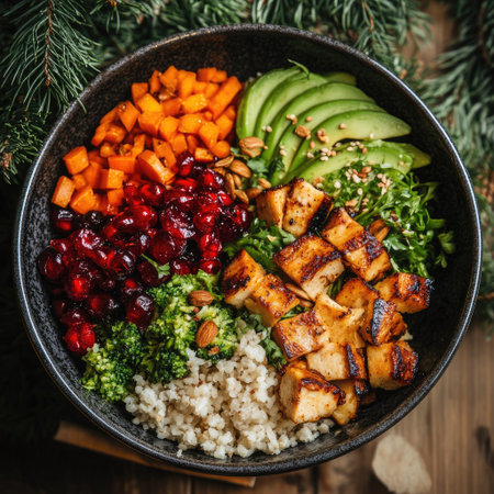 These prompts highlight vegan dishes that fit the festive and wholesome spiriの素材