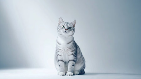 A confident American Shorthair cat sitting elegantly in a softly lit studio. This stunning portrait captures the cat's vibrant expression and gentle demeanor. Perfect for animal lovers and pet enthusiasts.の素材