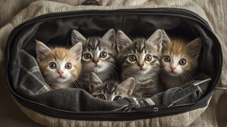 A cozy scene featuring a group of five adorable kittens nestled together in a soft bag. Their playful expressions capture the essence of youthful curiosity and innocence.の素材