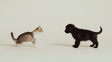 A charming scene of a playful puppy and a curious cat interacting, showcasing their lively expressions and adorable nature. Perfect for animal lovers!の素材