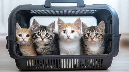 Four adorable kittens with unique fur patterns sit together in a black carrier, showcasing their playful and friendly demeanor. Perfect for pet lovers!の素材
