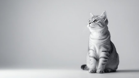 A serene portrait of a silver American Shorthair male cat, elegantly posed against a minimalist background. Perfect for showcasing calm pet qualities.の素材