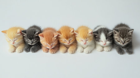 A charming scene of colorful kittens peacefully sleeping in a row. Each kitten showcases unique fur colors and patterns, radiating cuteness and tranquility.の素材