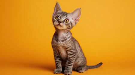 This charming tabby kitten captures attention with its large ears and bright eyes, set against a vibrant yellow backdrop. An adorable and playful pet.の素材