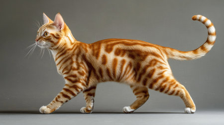 A majestic American Shorthair cat walking gracefully in a side profile. This striking orange feline showcases its unique striped fur and playful personality. Perfect for cat lovers!の素材