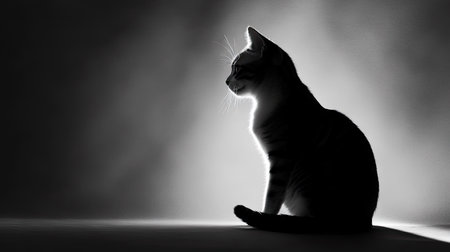 A stunning silhouette of an American Shorthair cat sitting gracefully against a light backdrop, capturing its serene expression in elegant black and white.の素材